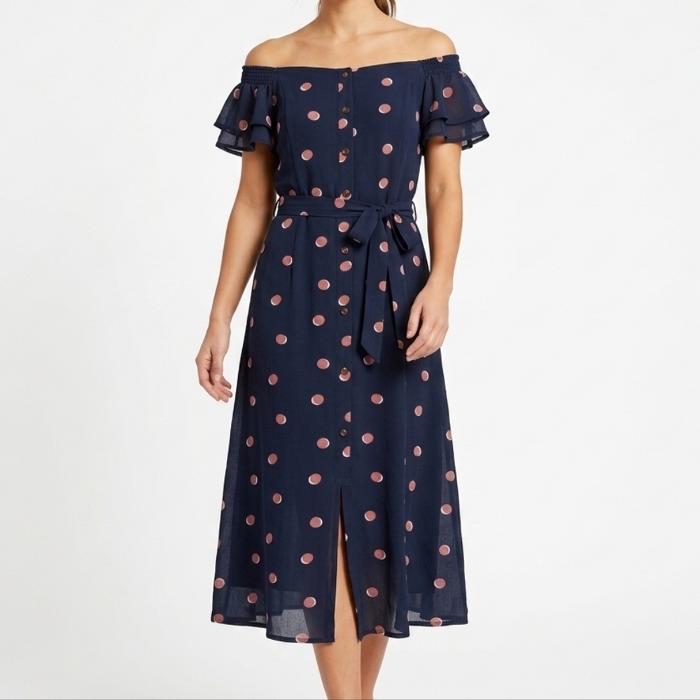Monteau Women's Off The Shoulder Navy Midi Dress Pink Polka Dots Summer